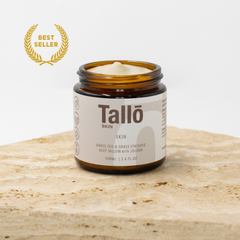 Jar of Tallo skin cream on a wooden surface with 'Best Seller' label.