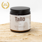 Tallö skin product jar on a textured surface with 'Best Seller' label.