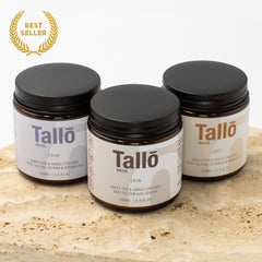 Three jars of Tallo skin care products on a textured surface with 'Best Seller' label.
