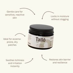 Tallo balm jar with text highlighting its benefits on a white background