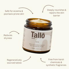 Tallo skin care product jar with text highlighting benefits on a white background