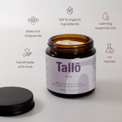 Calm tallow cream with 5 points around the cream saying its benefits