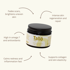 Tallo skin tallow balm jar with text highlighting its benefits on a white background - Sensitive skincare