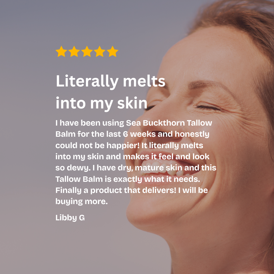 A five-star review graphic with a smiling woman's face in profile on the right and a testimonial quote on the left. The text reads: 'Literally melts into my skin' and includes a review by Libby G about her tallo skin tallow balm