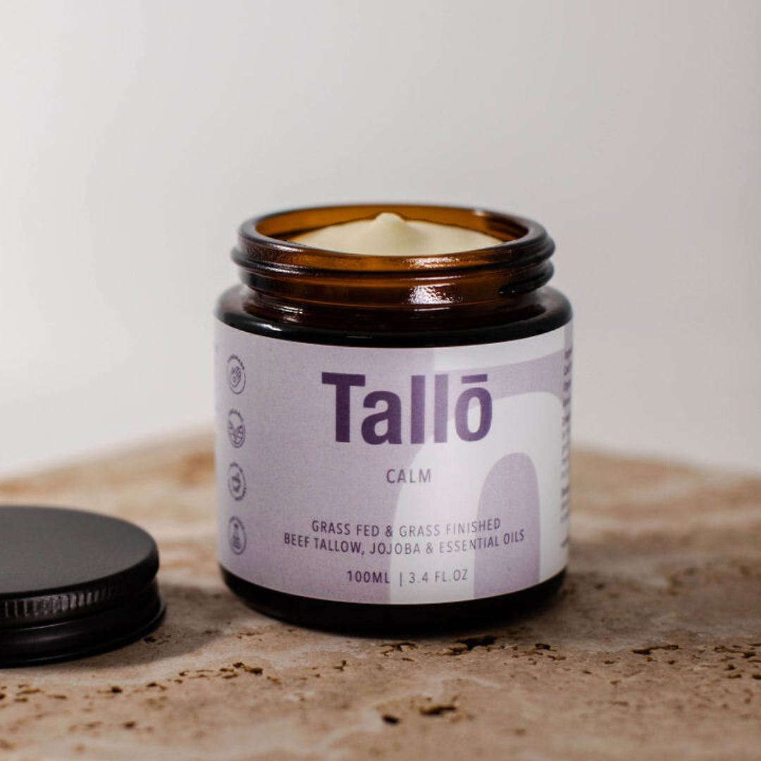 Calm organic tallow skincare in a 100ml glass jar, product image front