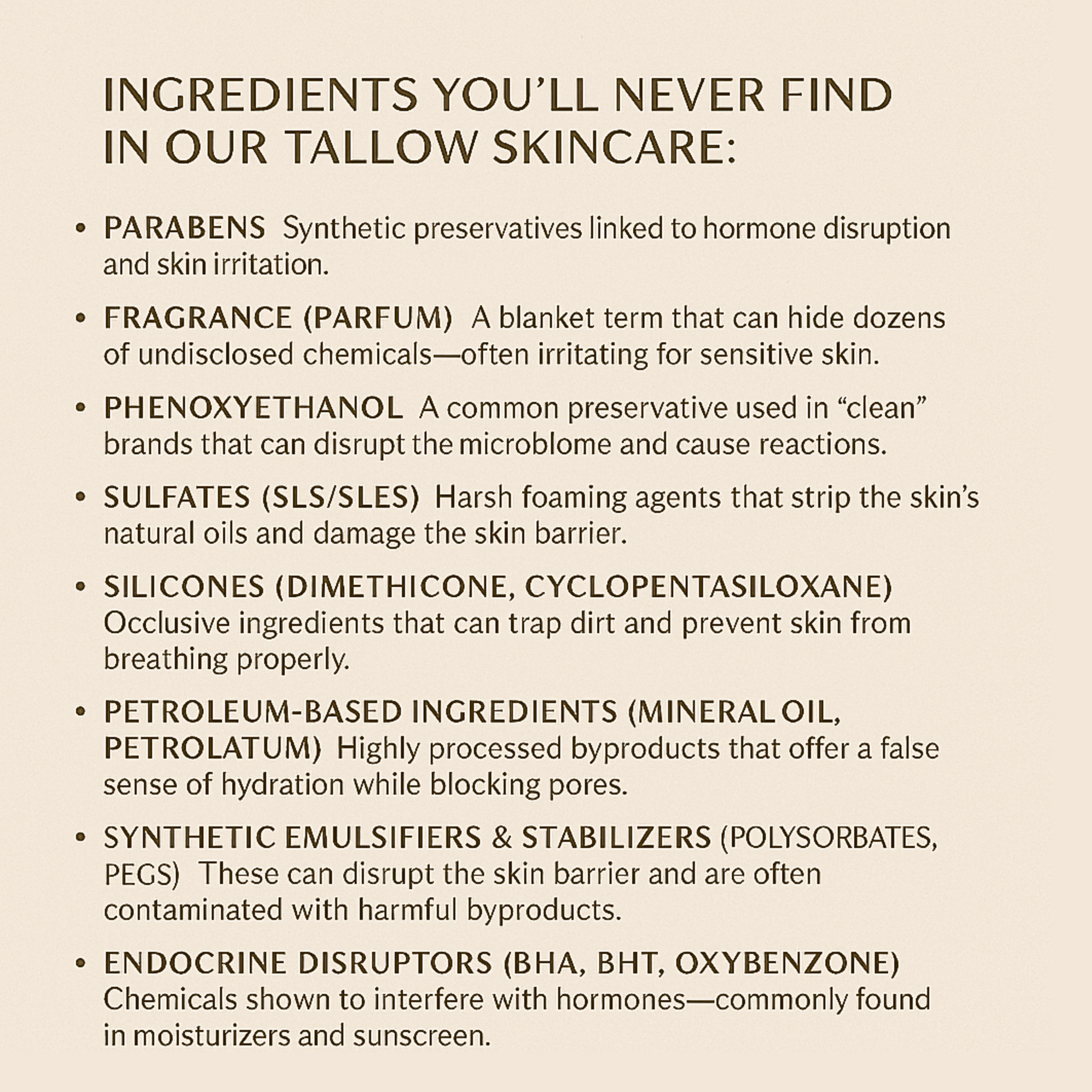List of ingredients to avoid in tallow skincare on a beige background