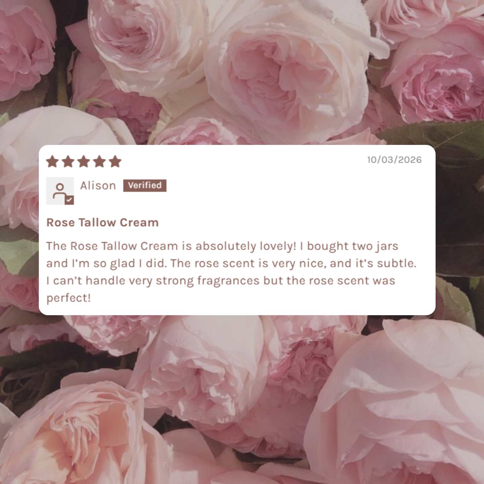 Pink roses with a product review overlay on a white background