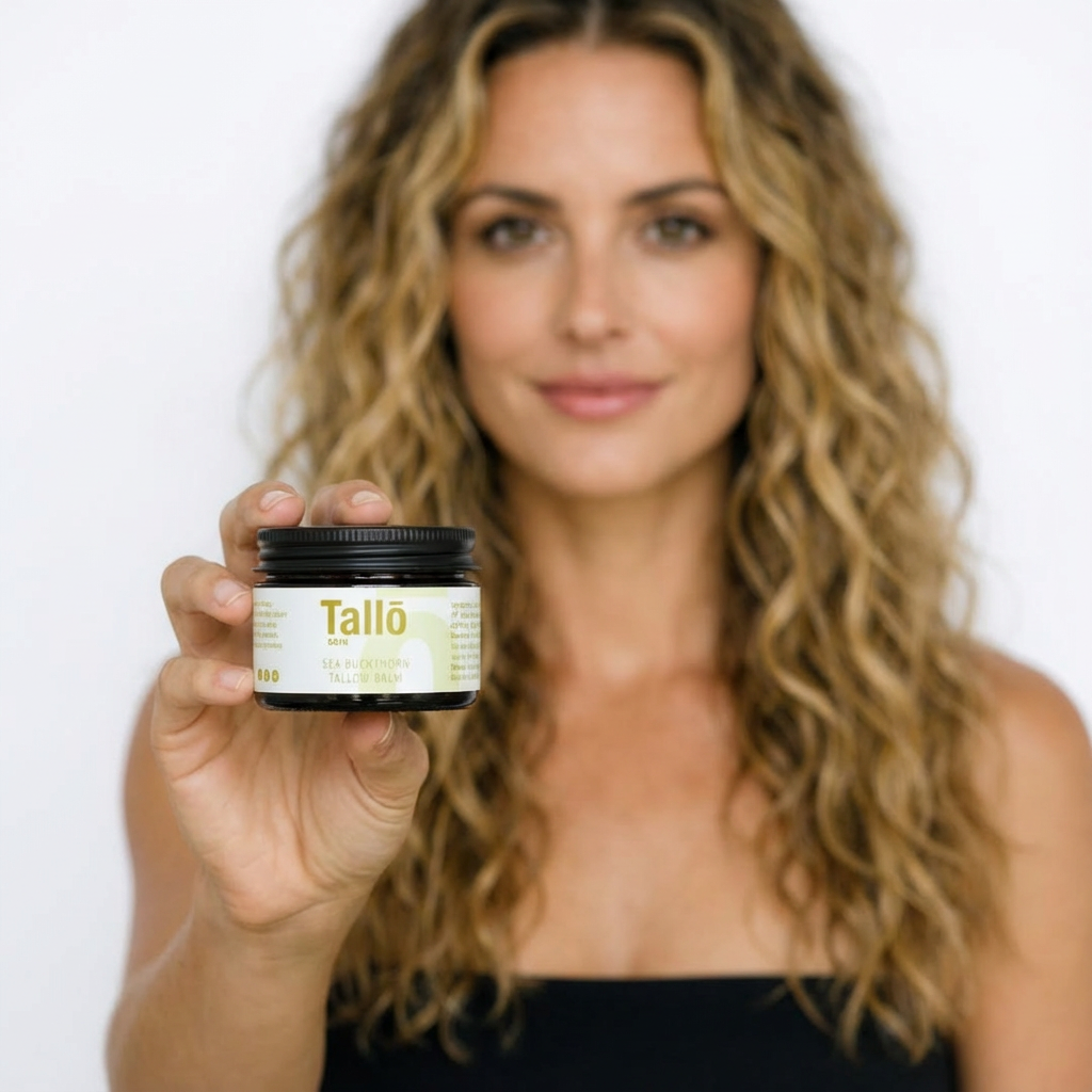 lady in her 40's holding a jar of tallo skin sea buckthorn tallow balm