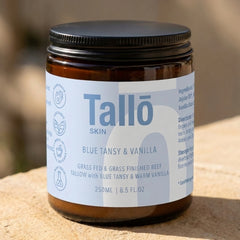 A 250ml jar of Tallo Skin Blue Tansy & Vanilla tallow body butter, in an amber glass jar great for sensitive skin. Tallow Cream for skin. 