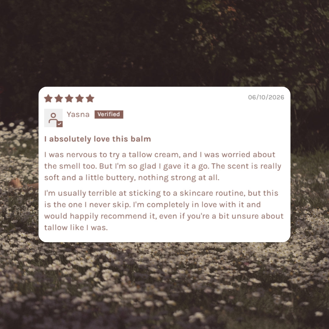 Five star customer review for Tallo Skin tallow balm praising its soft, buttery natural scent, set on a wildflower field