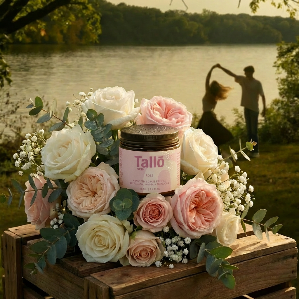 Jar of Tallow skincare product surrounded by flowers on a wooden crate with a couple dancing in the background.